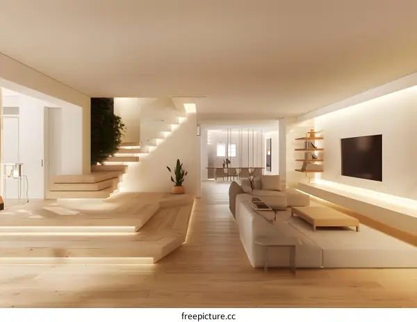 Modern Minimalist Living Room Interior Design With Wooden Stairs