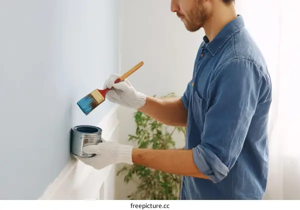 Man Painting a Light Blue Wall with a Paintbrush