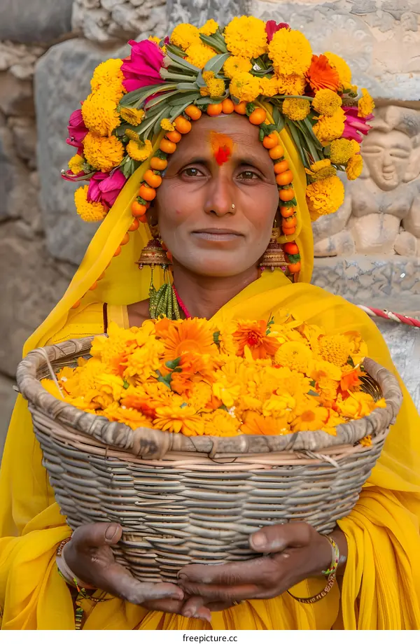 Indian Woman in Yellow Sari Holding Basket of Flowers