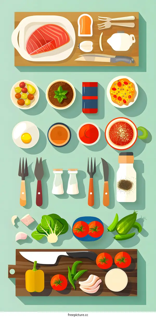 Flat Design Illustration Of Different Food Ingredients For Cooking