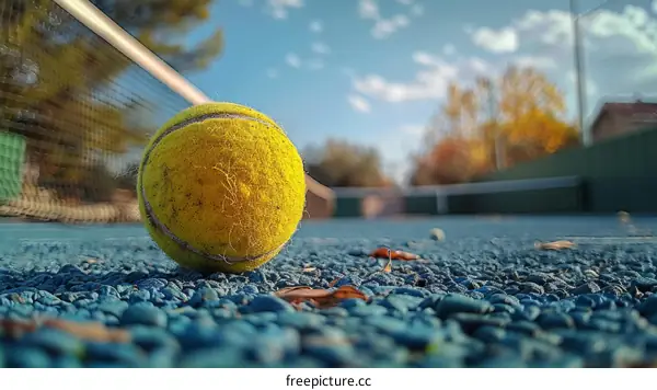 A close-up of a used tennis ball on a blue hard court with a net in the background