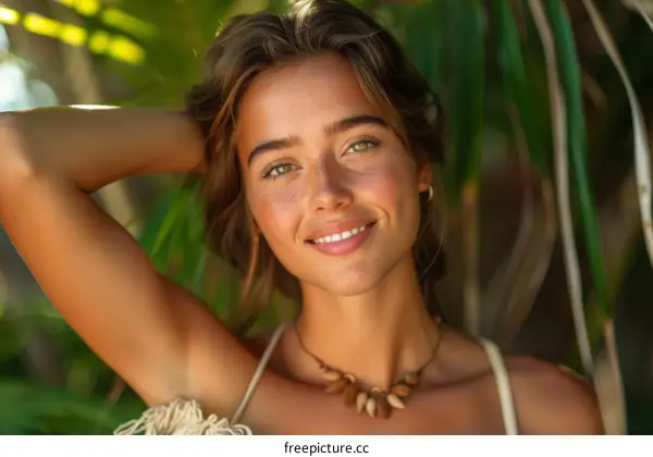 Smiling Woman Outdoors in Tropical Setting
