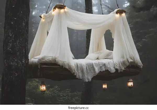 Romantic Canopy Bed Hanging From Tree In Forest
