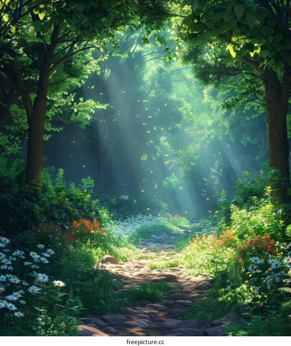 Sunlight Path Through Lush Forest Illustration