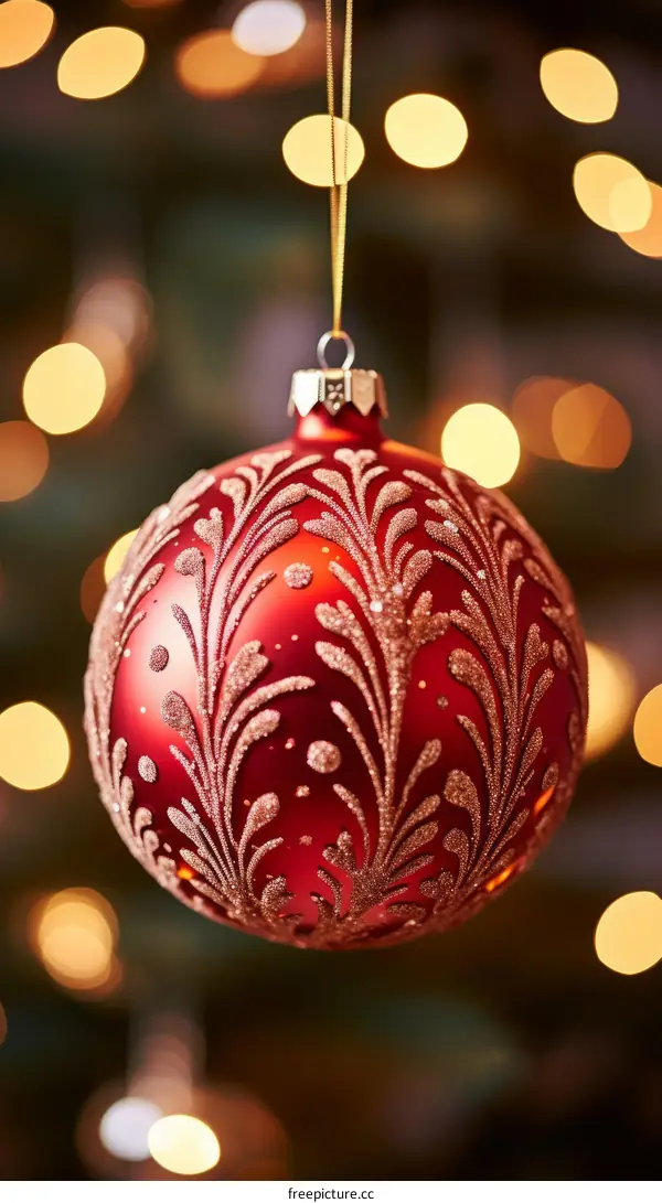 Red Christmas Ornament with Golden Thread and Blurred Lights