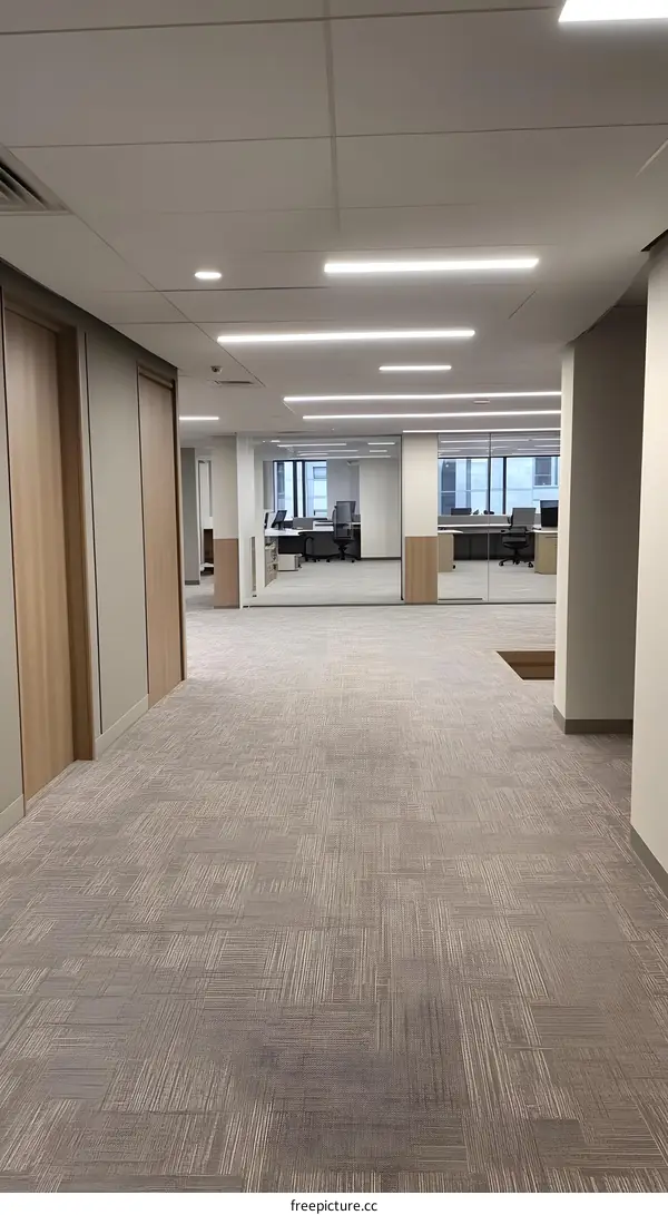 Modern Office Hallway with Grey Carpet and Wooden Doors