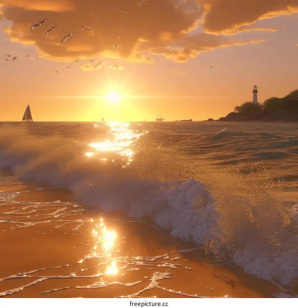 Tranquil evening at the beach with a setting sun and distant lighthouse