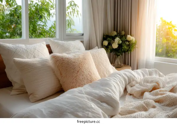 Cozy Bedroom with Soft Bedding and Sunlight
