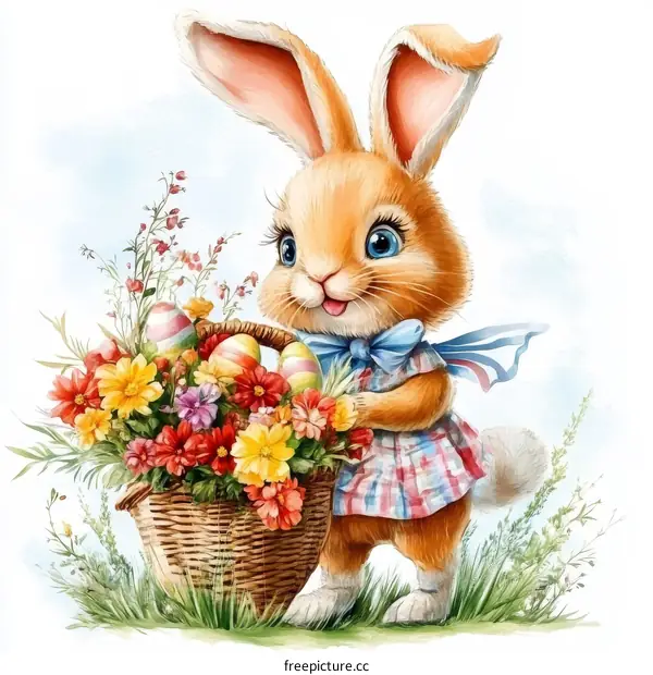 Cute Easter Bunny with Basket of Flowers and Eggs