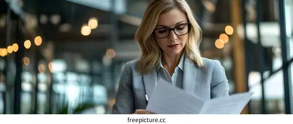 Business Woman Reading Documents in Office