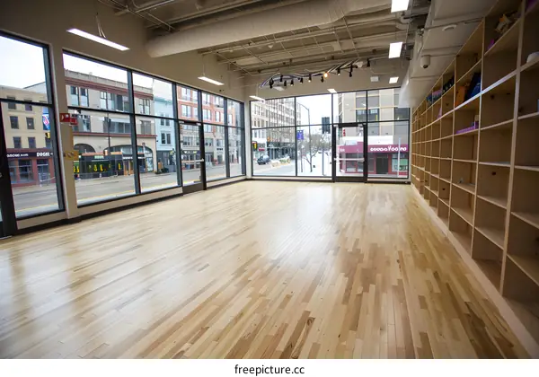 Empty Room with Large Windows and Wooden Floor