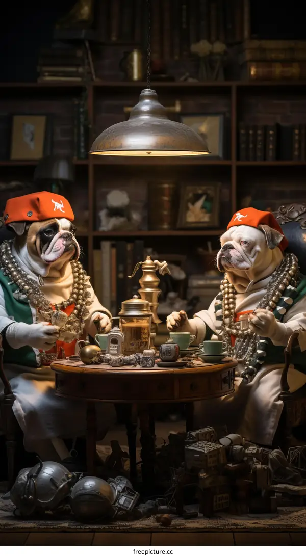 Two dogs in costume having tea party