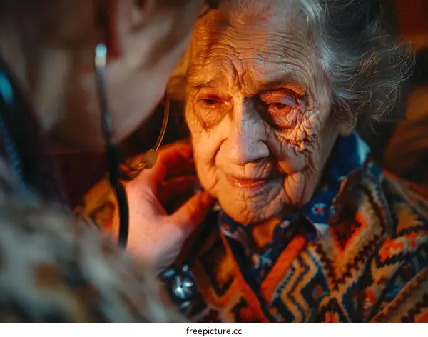 A doctor is checking an elderly woman's heartbeat with a stethoscope