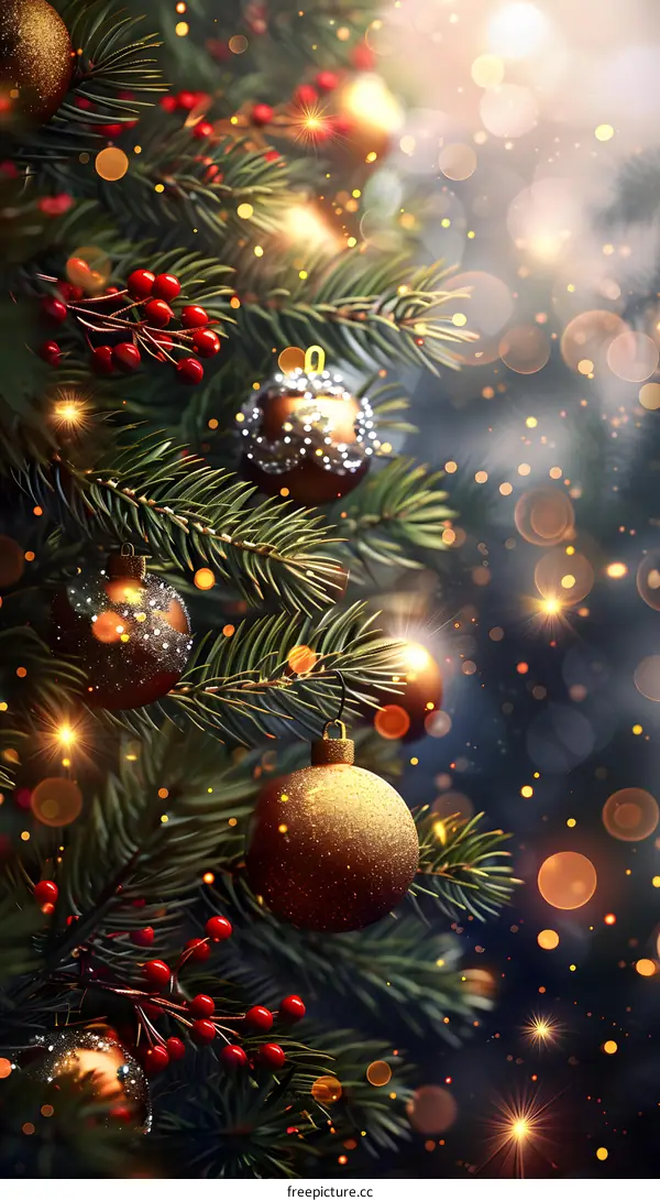 Christmas tree with red berries and golden ornaments