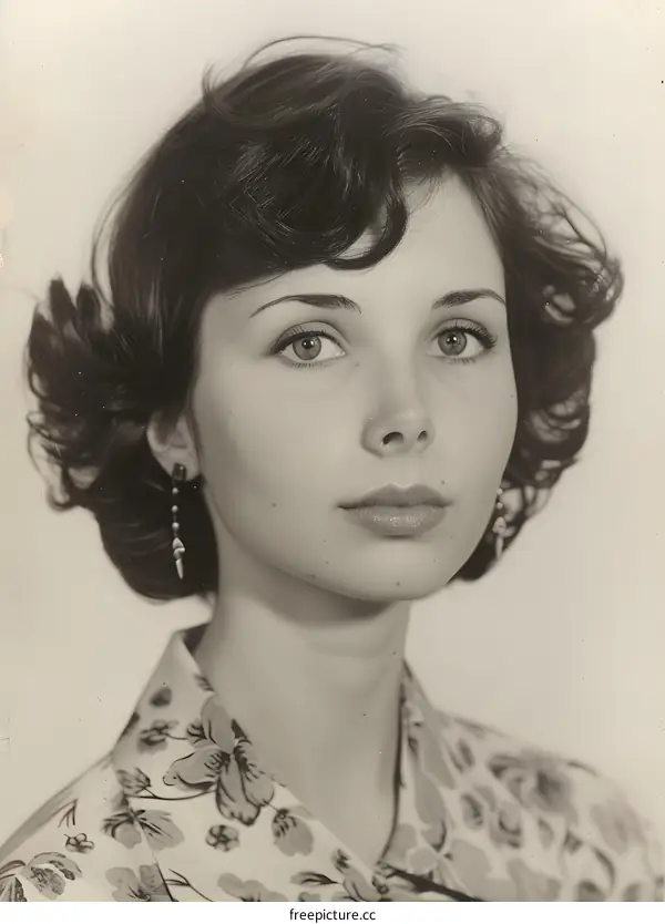 Portrait of a young woman with short dark hair and light eyes wearing a floral shirt