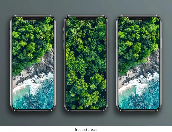 Aerial View of Tropical Forest and Coastline on Phone Screens