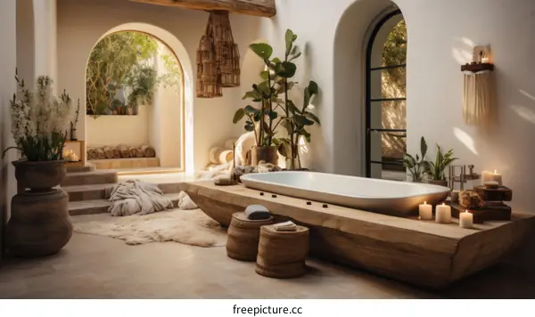 Bathroom with a large bathtub made of wood and stone