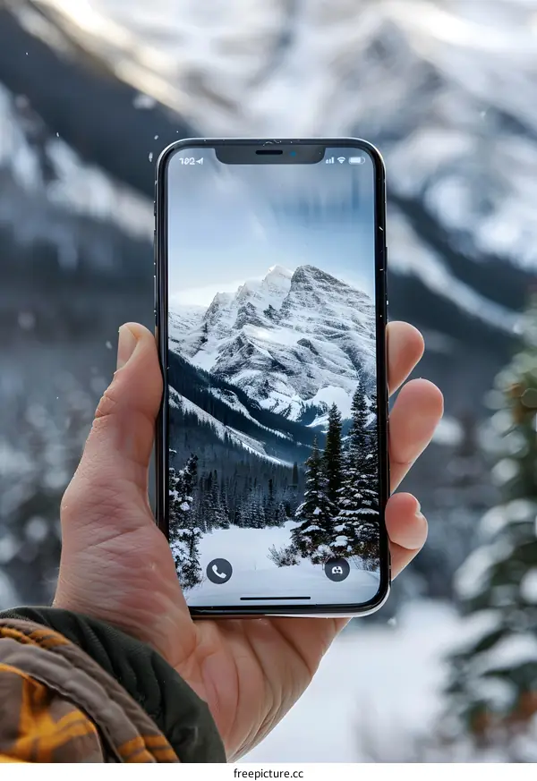 Hand Holding Smartphone with Winter Mountain Scenery on Screen