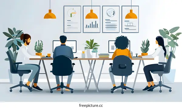 Illustration of a diverse group of people working together in an office