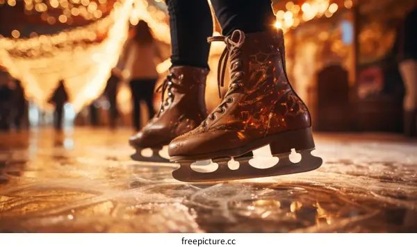 Close-up of ice skates on an ice rink with blurred lights in the background
