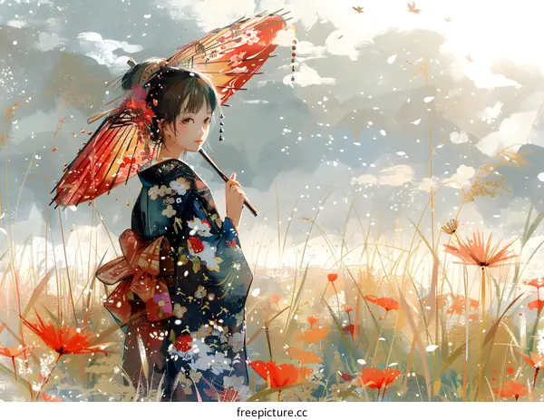 A girl in a kimono holding a red umbrella in a field of flowers