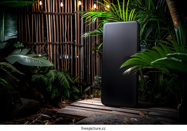 Black Smartphone Standing On Wooden Platform In Green Lush Tropical Jungle