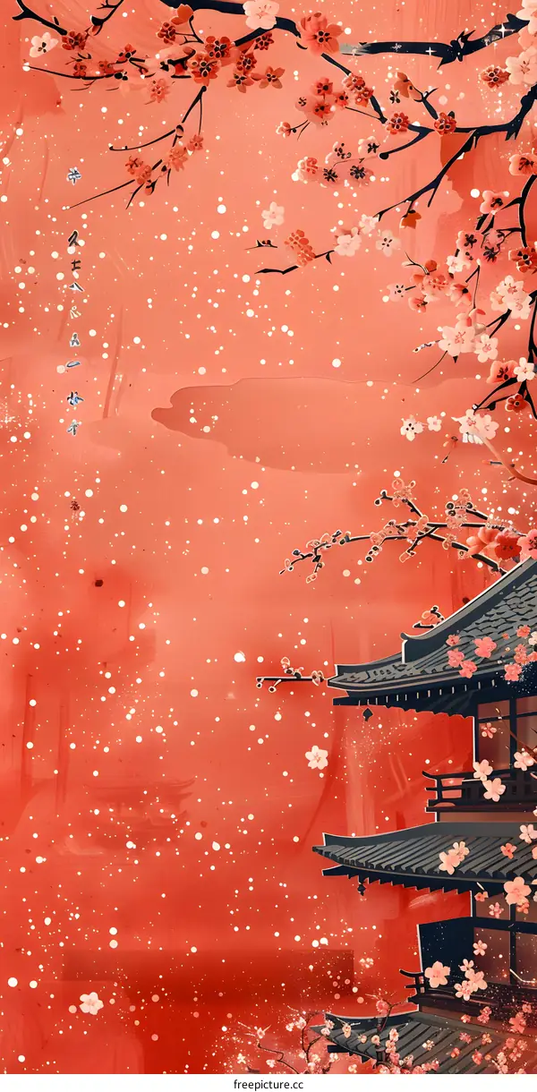 red background illustration of a cherry blossom tree with a traditional japanese house