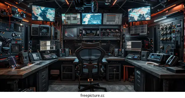 Futuristic Command Center with Multiple Screens and Workstations