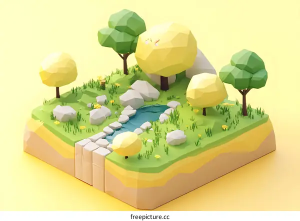 Low Poly Style Illustration of a Small Forest Landscape