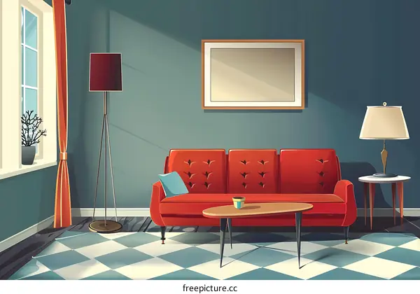 Living Room Interior Design with Red Sofa and Table Lamp