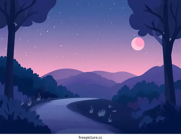 Nighttime Forest Landscape with Stars and Moon