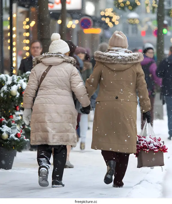 Two Women Walking in the Snow During Christmas