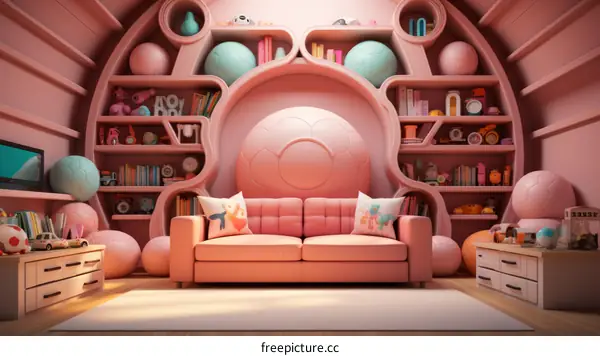 A pink living room with a pink couch and lots of pink balls and bookshelves