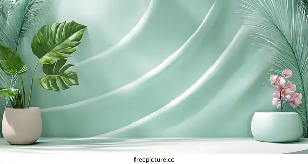 Green Minimalist Background with Plants and Flowers