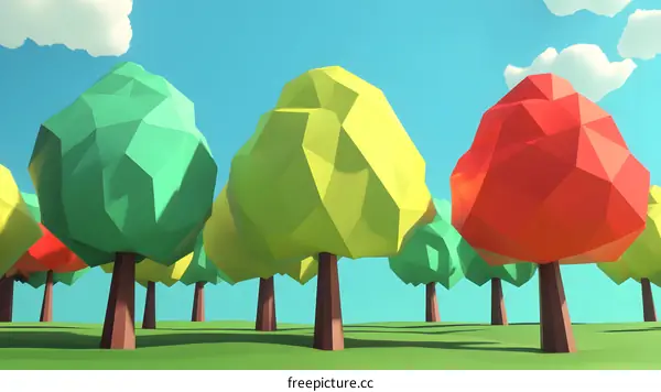 Low Poly Style Cartoon Trees 3D Rendering