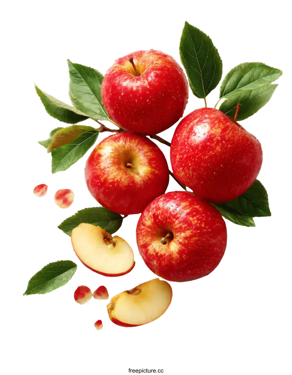 [Transparent Background PNG]Fresh Red Apples with Slices and Leaves on White Background