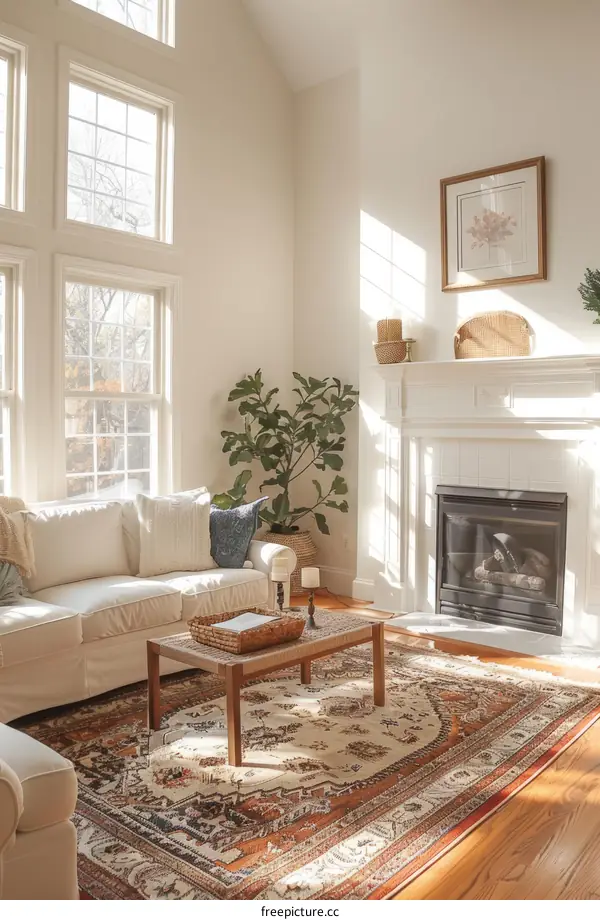 A cozy living room with a fireplace and a large rug
