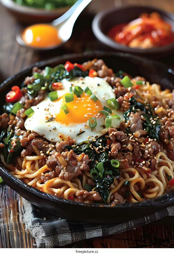 Noodles with egg and vegetables in a bowl