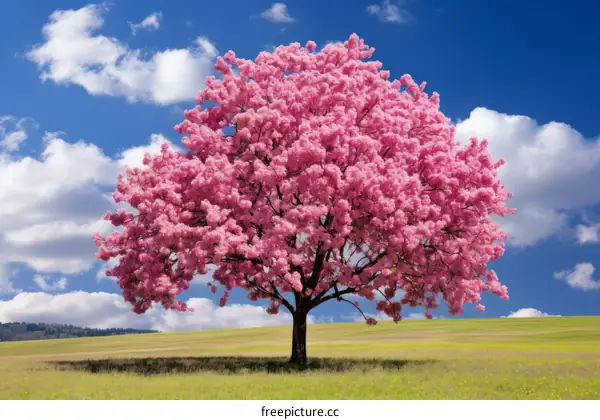 A beautiful cherry blossom tree stands alone in a field of green grass. The sky is blue and there are white clouds.