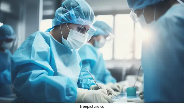 Surgeons performing an operation in a hospital operating room