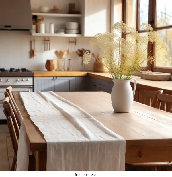 A wooden table with a vase of flowers on it