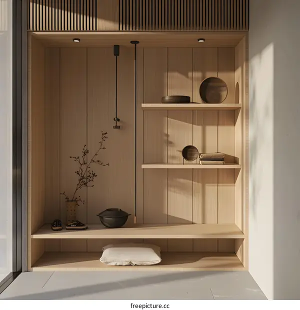 Minimalist Modern Design Wooden Shelf with Decorative Elements