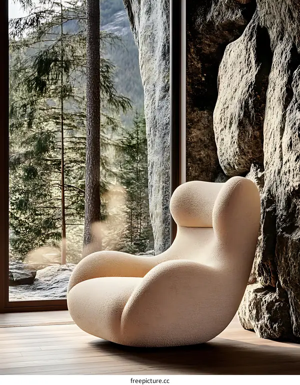 Modern Beige Armchair by the Window with Mountain View