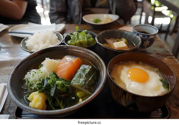 A delicious Japanese meal with rice, fish, vegetables and soup