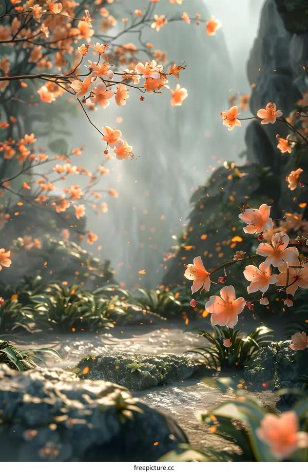 Ethereal Peach Blossom Forest Stream
