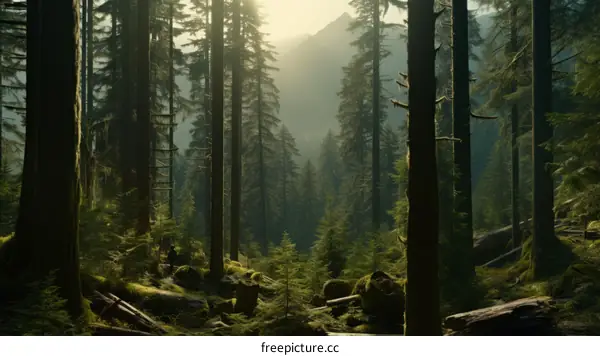 The sun shines through the tall trees in the misty forest