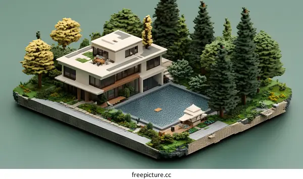 Modern House with Pool and Garden in Pixel Art Style