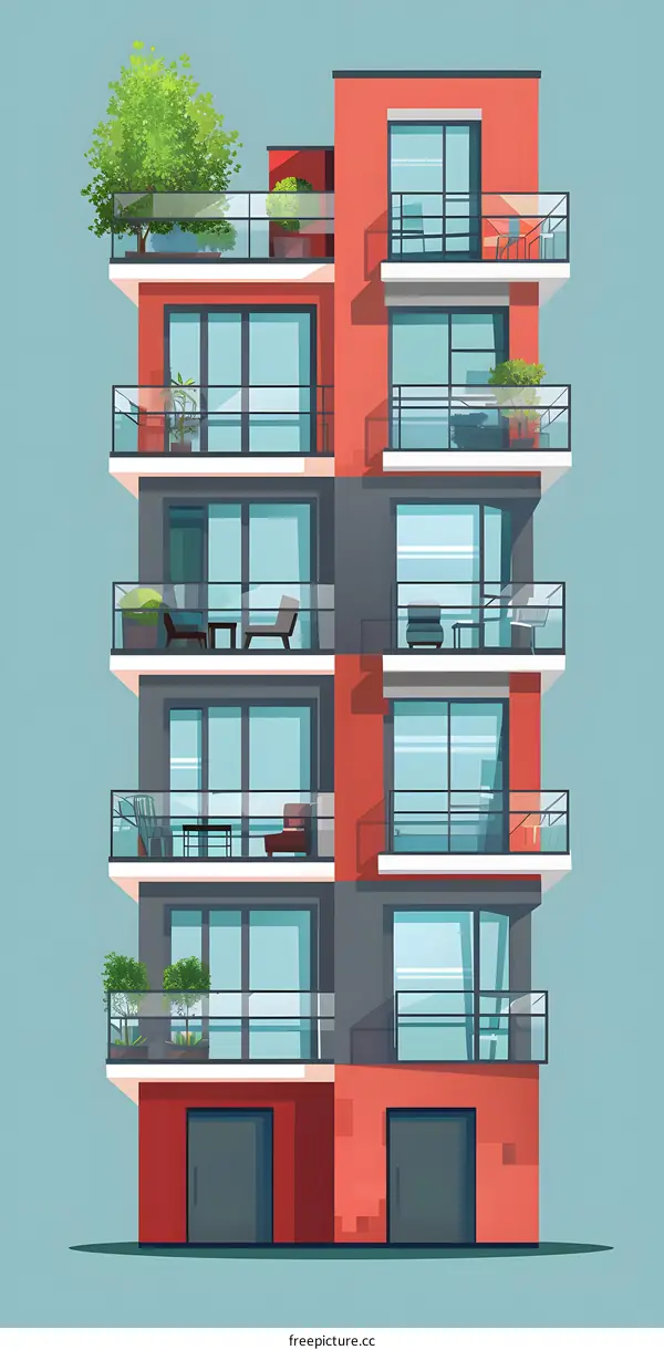 Modern Apartment Building with Balconies and Plants