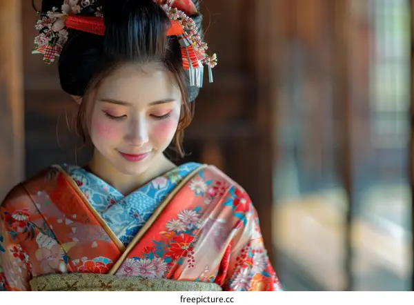 A Japanese Maiko Geisha Wearing Kimono in Kyoto