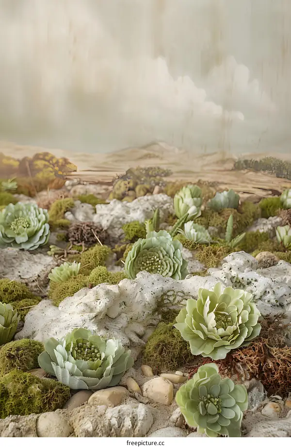 Green Succulents with Stone and Moss